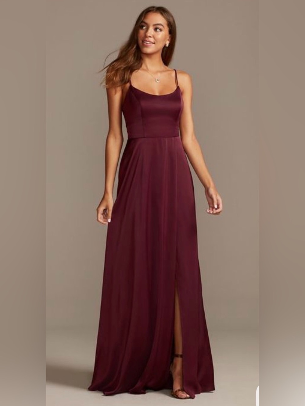 David’s Bridal Size 4 Burgundy Satin Spaghetti Strap Maxi Dress With Slit